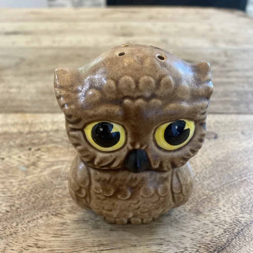 Vintage Salt And Pepper Shakers Set Corky, Charming Owl Stoneware